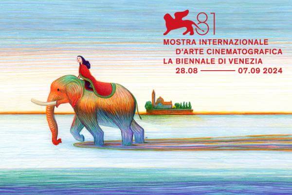 A colorful image of a woman in a red robe riding a colorful elephant with the words: Mostra Internazionale D'Arte Cinematografica La Biennale Di Venezia 28.08 - 07.09 2024