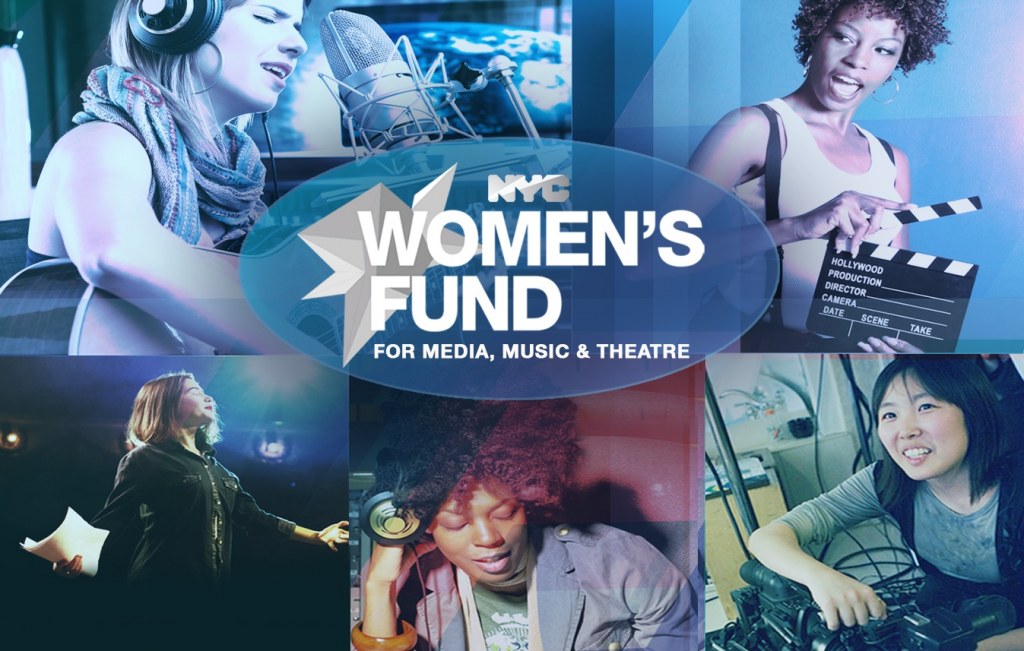 A banner advertising the NYC Women's Fund for Media, Music & Theater, featuring different women in different areas of art and media