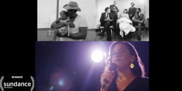 Old photos at the top, woman holding the microphone at the bottom. In the corner, it reads Winner Sundace film festival.